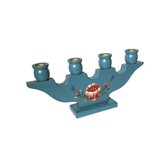 Swedish Wooden Candle Holder Vintage 4 Candles Hand Painted Floral 80s - Picture 4 of 6